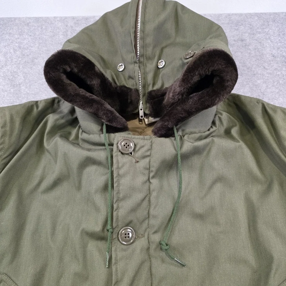 VTG LL Bean Parka Coat Mens 44 Green Hooded Canvas Fur Lined Insulated Military